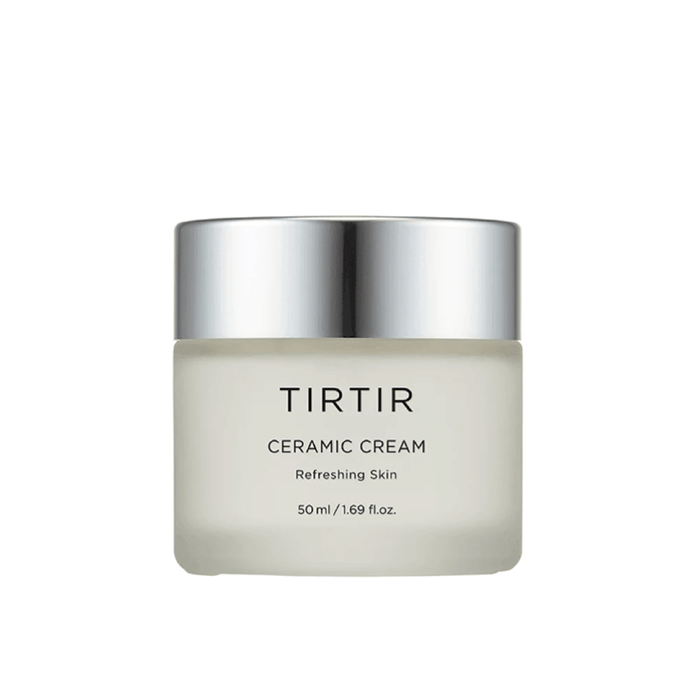 Un barattolo di TIRTIR Ceramic Cream destinato a "Refreshing Skin", con un volume di 50 ml / 1.69 fl oz. Il barattolo ha un colore sfumato dal bianco al trasparente e un coperchio argentato.