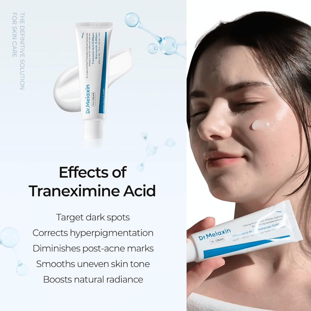 Trattamento per la pelle con acido tranexamico che riduce l'iperpigmentazione, le cicatrici da acne e le macchie scure, donando una pelle più uniforme e luminosa