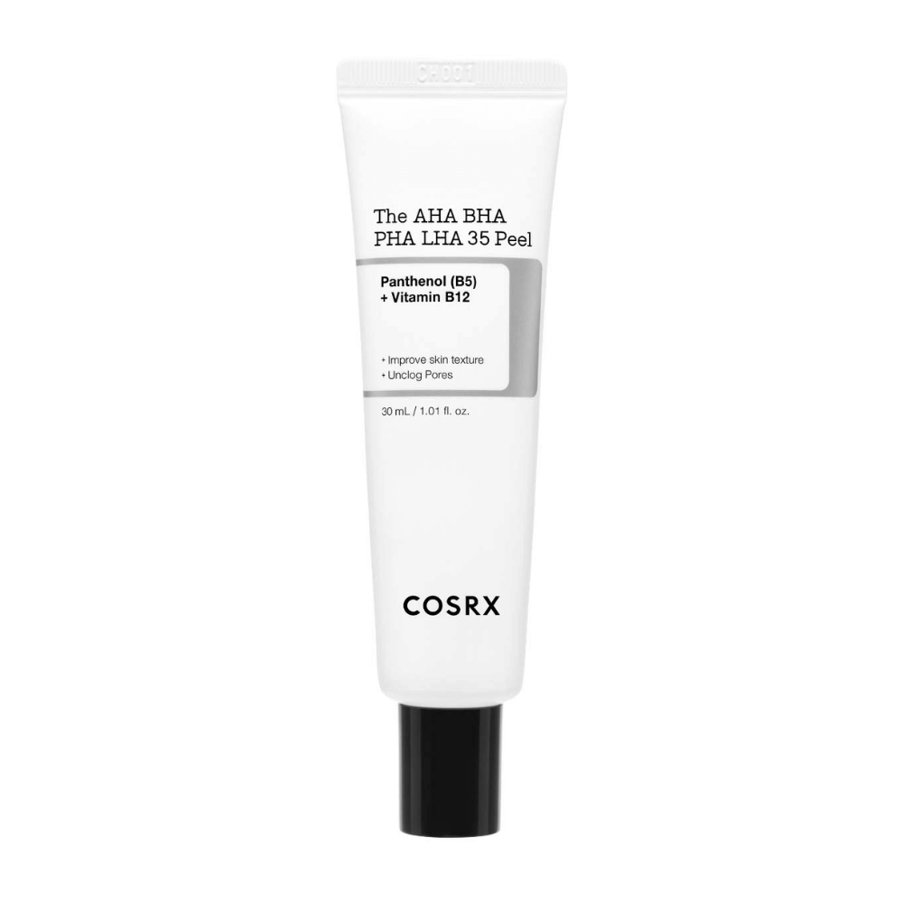 COSRX AHA BHA PHA LHA 35 Peel, un prodotto esfoliante con pantenolo (B5) e vitamina B12. Migliora la texture della pelle e pulisce i pori ostruiti. Contenuto: 30 ml.