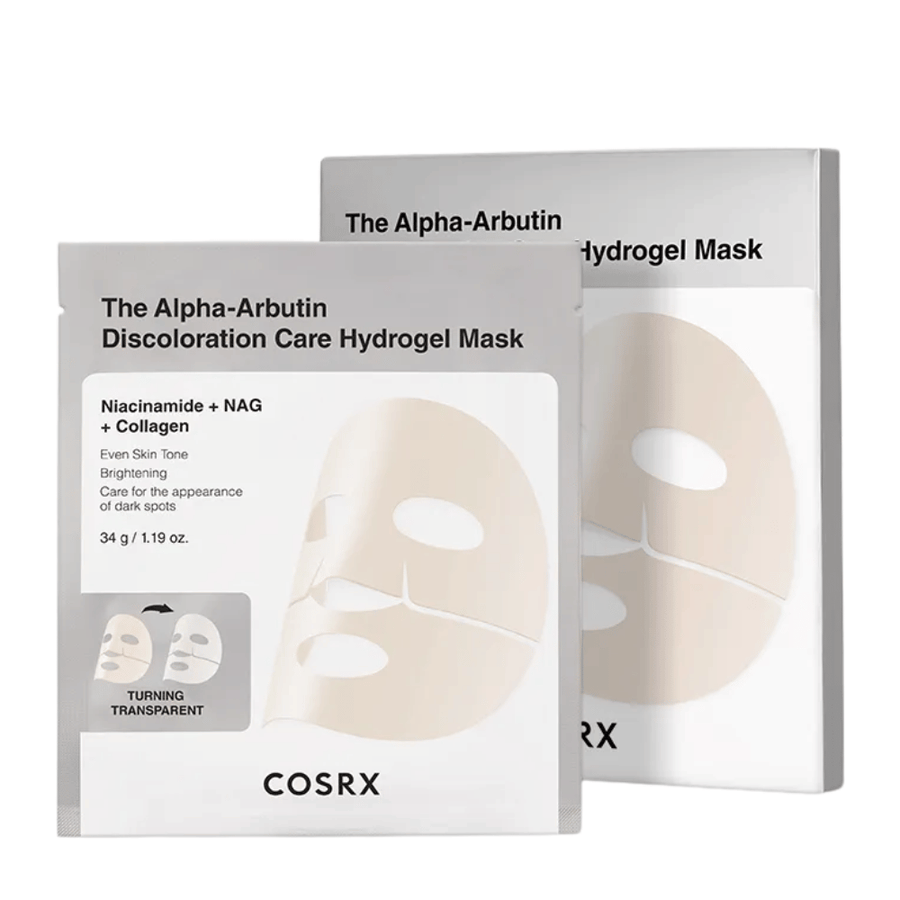 COSRX Alpha-Arbutin Discoloration Care Hydrogel Mask immagine del prodotto – hydrogel sheet mask che si concentra su macchie pigmentate, luminosità e miglioramento della chiarezza della pelle.