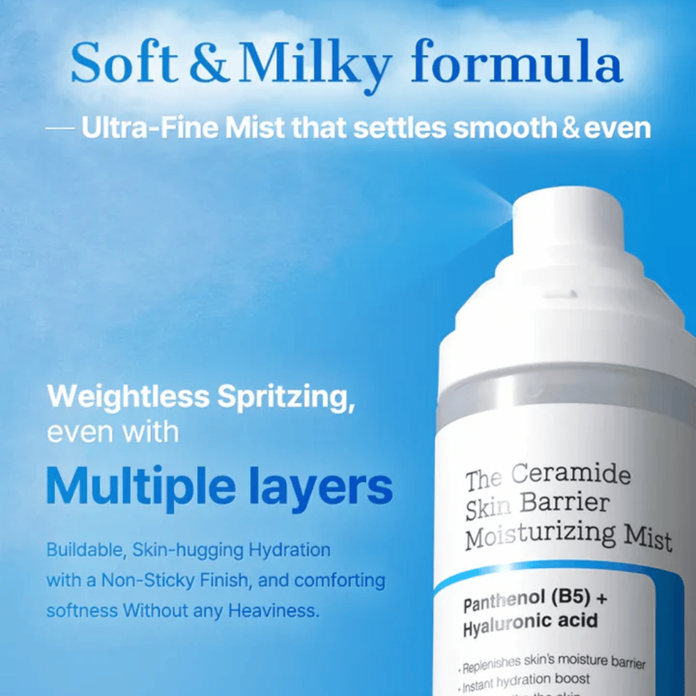 COSRX Ceramide Skin Barrier Mist - formula morbida e lattiginosa che fornisce idratazione leggera senza appiccicosità.