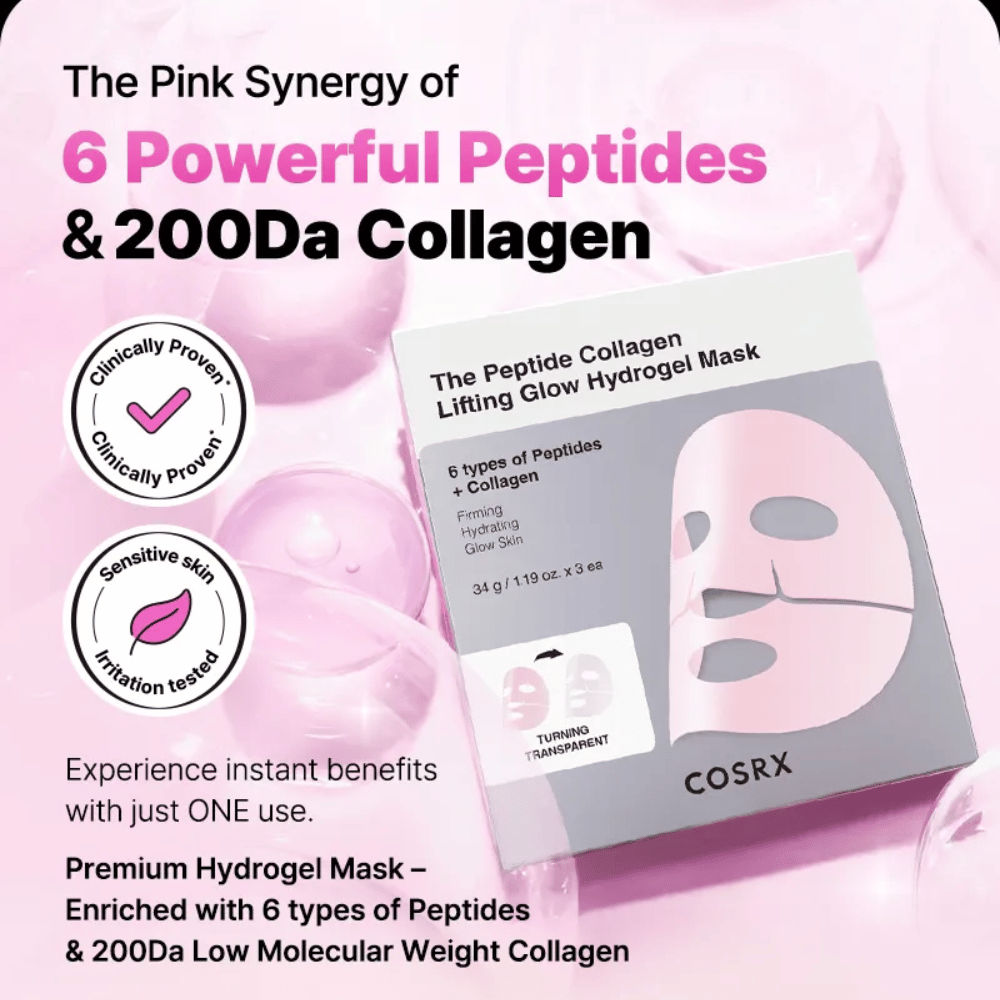 COSRX Peptide Collagen Mask – arricchita con 6 tipi di peptidi e collagene, testata clinicamente per pelle sensibile.