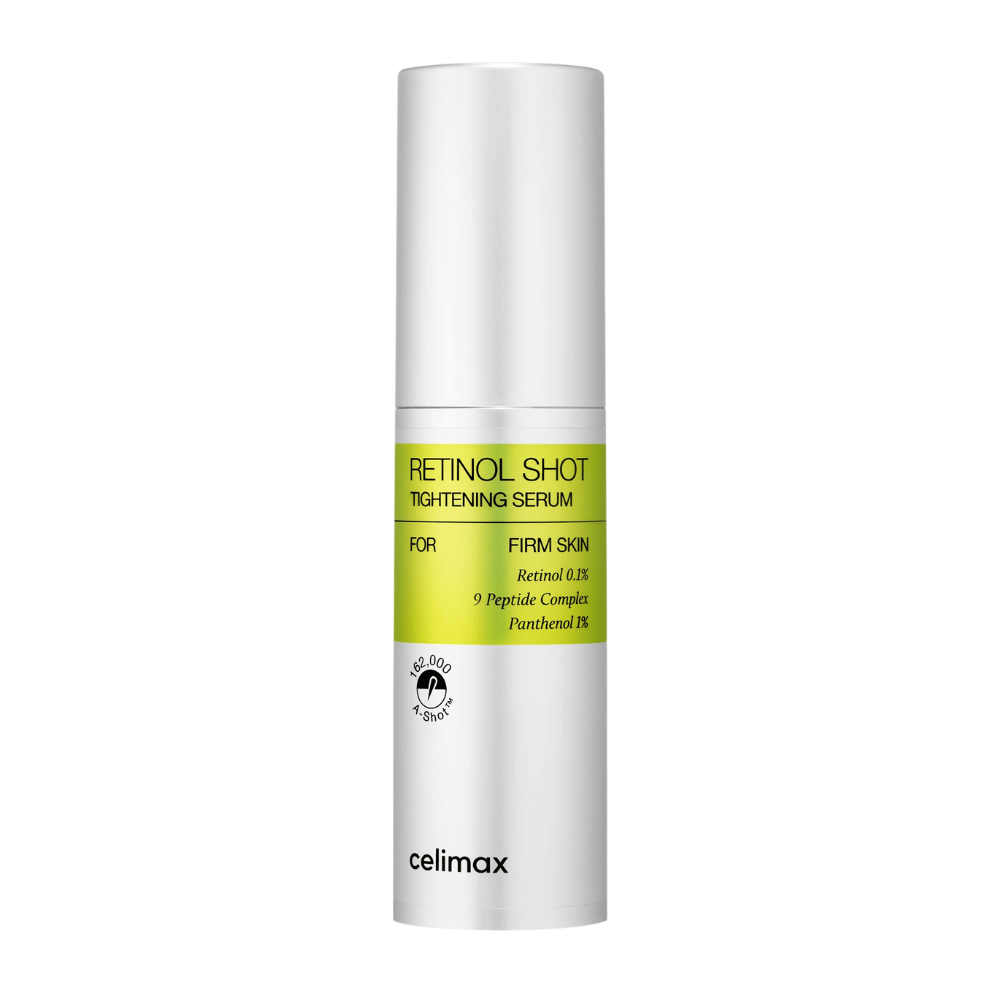 Celimax The Vita-A Retinol Shot Tightening Serum in flacone dosatore color argento con etichetta verde lime e testo nero.