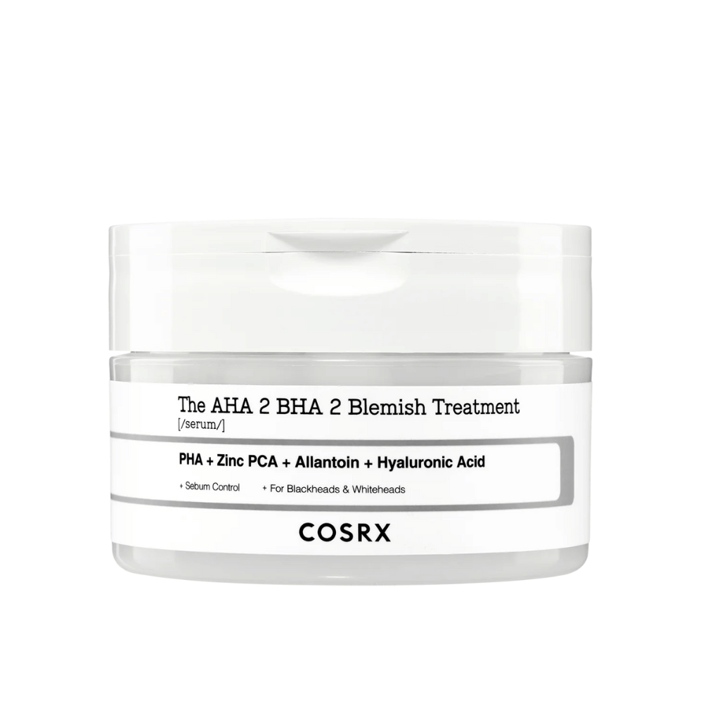 COSRX AHA 2 BHA 2 Blemish Treatment, un siero con PHA, zinco PCA, allantoina e acido ialuronico. Progettato per controllare la produzione di sebo e contrastare i punti neri e i punti bianchi. Perfetto per migliorare la chiarezza della pelle.