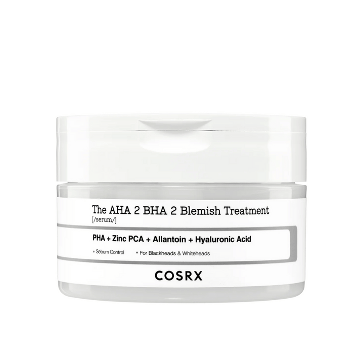 COSRX AHA 2 BHA 2 Blemish Treatment, ett serum med PHA, zink PCA, allantoin och hyaluronsyra. Designad för att kontrollera talgproduktion och motverka pormaskar och vita pormaskar. Perfekt för att förbättra hudens klarhet.