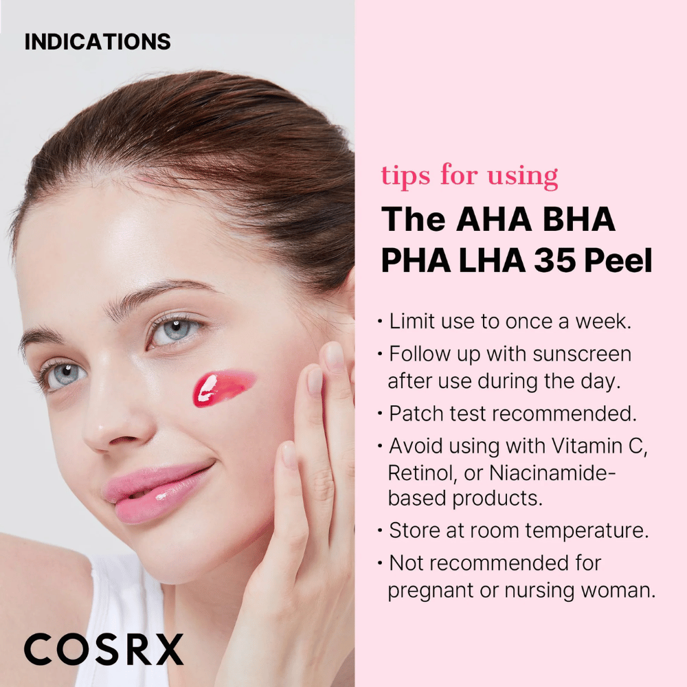 Istruzioni per l'uso di COSRX AHA BHA PHA LHA 35 Peel:

Usare al massimo una volta alla settimana.
Seguire con la protezione solare durante il giorno.
Consigliato testare prima su una piccola area.
Evitare di combinare con prodotti contenenti vitamina C, retinolo o niacinamide.
Conservare a temperatura ambiente.
Non raccomandato per donne in gravidanza o in allattamento.