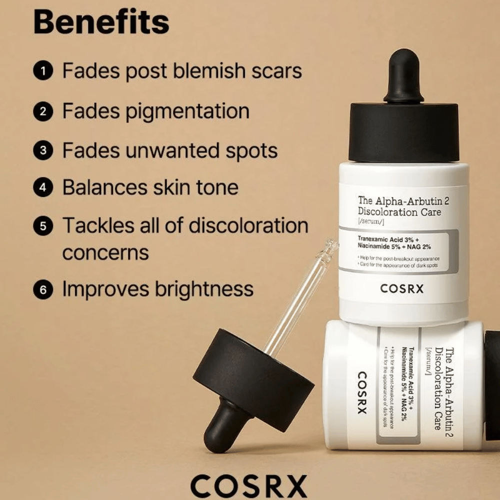 COSRX The Alpha-Arbutin 2 Discoloration Care Serum aiuta a ridurre le cicatrici da acne, schiarire le macchie pigmentarie, uniformare il tono della pelle e migliorare la luminosità della pelle. Contiene acido tranexamico, niacinamide e NAG per una pelle più chiara.
