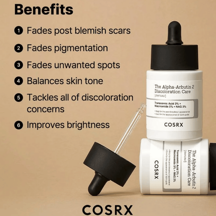 COSRX The Alpha-Arbutin 2 Discoloration Care Serum hjälper till att reducera ärr efter finnar, bleka pigmentfläckar, jämna ut hudtonen och förbättra hudens lyster. Innehåller tranexamsyra, niacinamid och NAG för en klarare hud.