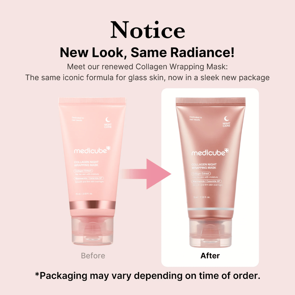 Nuovo aspetto, stessi risultati radiosi! Medicube Collagen Wrapping Mask ha ora un packaging rinnovato ed elegante, ma mantiene la sua iconica formula per una pelle luminosa. *Il packaging può variare a seconda del momento dell'ordine.