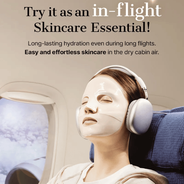 COSRX Alpha-Arbutin Discoloration Care Hydrogel Mask durante il viaggio in aereo – sheet mask idratante che contrasta la pelle secca e dona un tono della pelle più uniforme anche nell'aria secca della cabina.