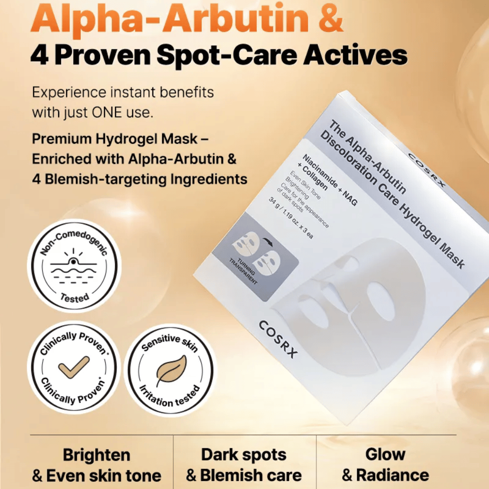 COSRX Alpha-Arbutin Discoloration Care Hydrogel Mask immagine del prodotto – coreano sheet mask per pigmentazione, luminosità e idratazione intensa.
