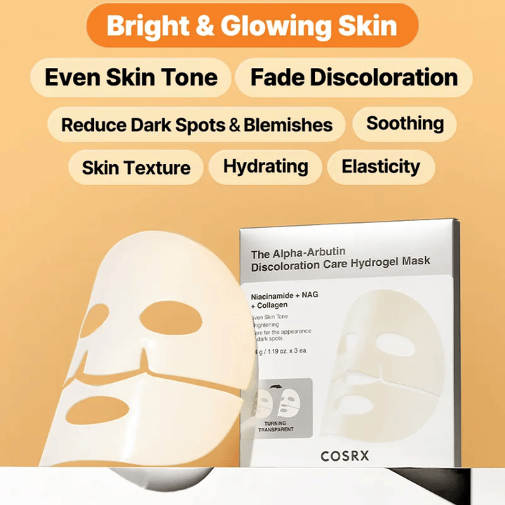 COSRX Alpha-Arbutin Hydrogel Mask – sheet mask che dona luminosità, uniforma il tono della pelle, riduce le macchie scure e migliora l'elasticità della pelle.