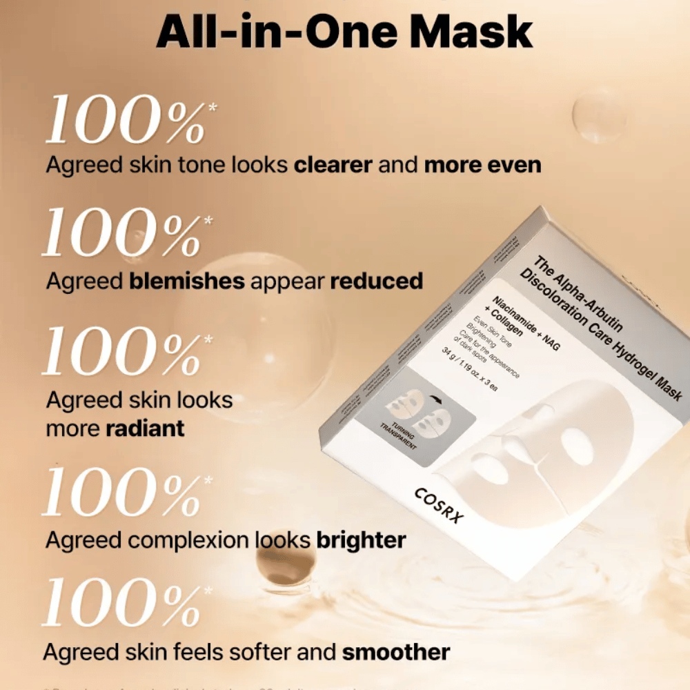 COSRX Alpha-Arbutin Discoloration Care Hydrogel Mask con confezione – tutto-in-uno sheet mask per luminosità, tono della pelle uniforme e riduzione della decolorazione.