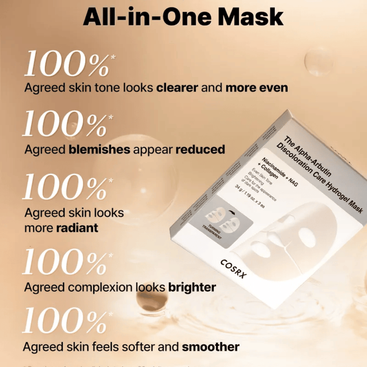 COSRX Alpha-Arbutin Discoloration Care Hydrogel Mask con confezione – tutto-in-uno sheet mask per luminosità, tono della pelle uniforme e riduzione della decolorazione.