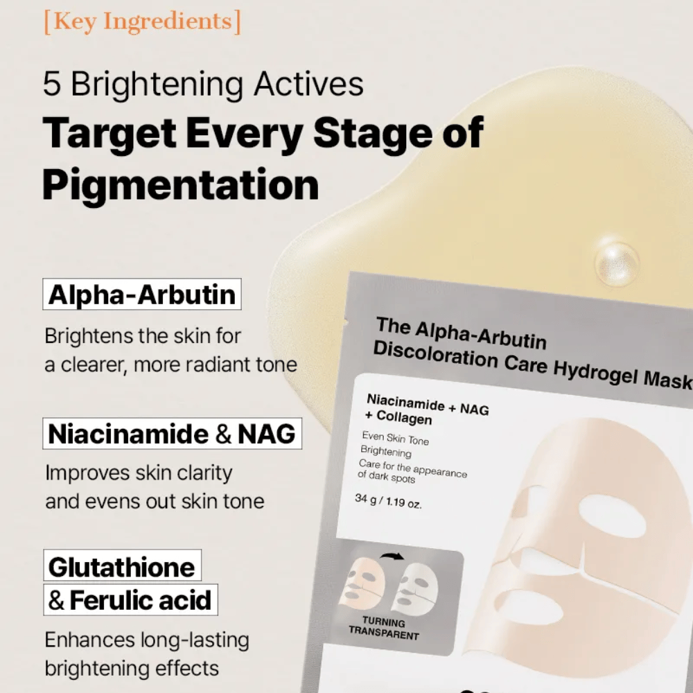COSRX Alpha-Arbutin Discoloration Care Hydrogel Mask con alpha-arbutin e niacinamide – sheet mask che aiuta a ridurre le macchie pigmentate e uniformare il tono della pelle.