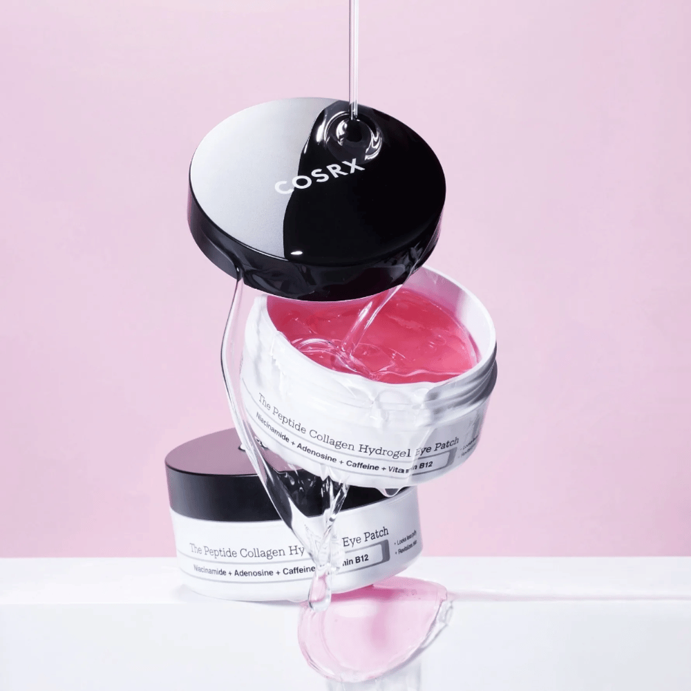 COSRX Peptide Collagen Hydrogel Eye Patch – formula in gel rosa ricca di niacinamide, adenosina, caffeina e vitamina B12.