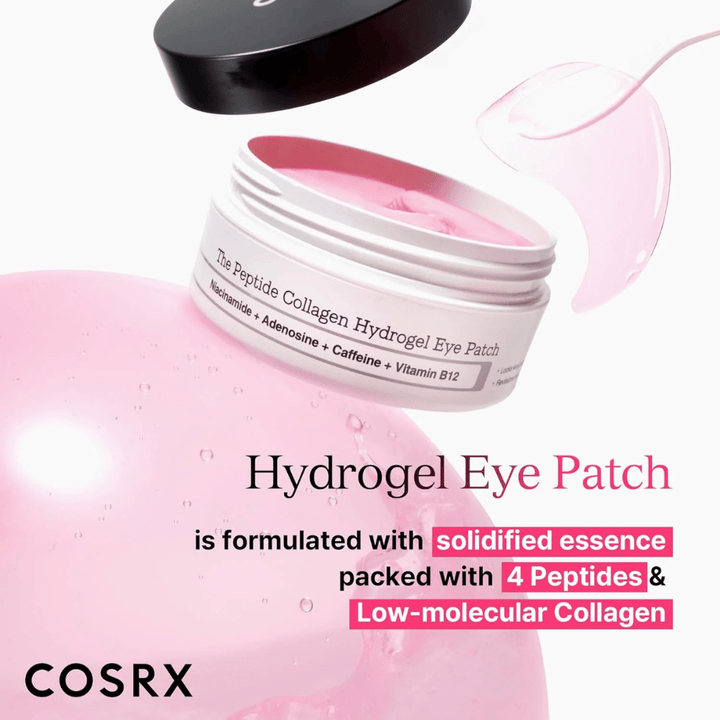 COSRX Hydrogel Eye Patch con 4 peptidi e collagene a basso peso molecolare per pelle idratata e compatta intorno agli occhi.