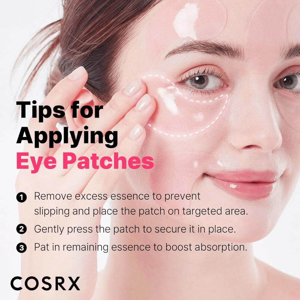 Suggerimenti per l'applicazione di COSRX Peptide Collagen Eye Patch - premere, rimuovere l'eccesso di essence e tamponare i residui.
