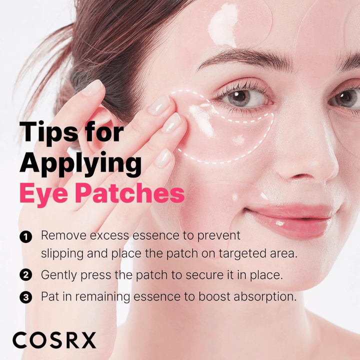 Suggerimenti per l'applicazione di COSRX Peptide Collagen Eye Patch - premere, rimuovere l'eccesso di essence e tamponare i residui.