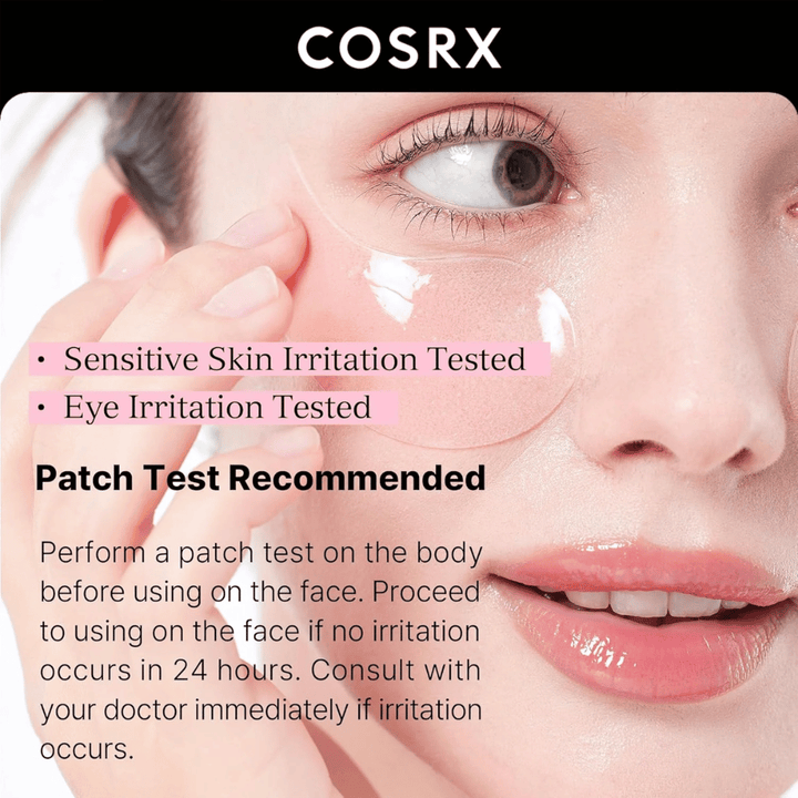 COSRX Peptide Collagen Hydrogel Eye Patch – testato per pelle sensibile e irritazione oculare, sicuro per l'uso quotidiano.