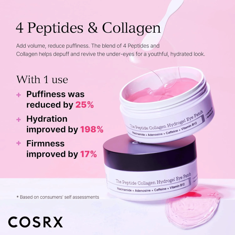 COSRX Peptide Collagen Eye Patch con 4 peptidi e collagene che riduce il gonfiore, aumenta l'idratazione del 198% e migliora la compattezza.