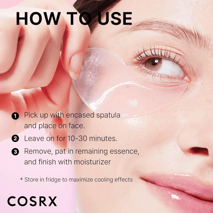 COSRX Peptide Collagen Hydrogel Eye Patch – applica con spatola, lascia agire 10-30 minuti e concludi con crema idratante.
