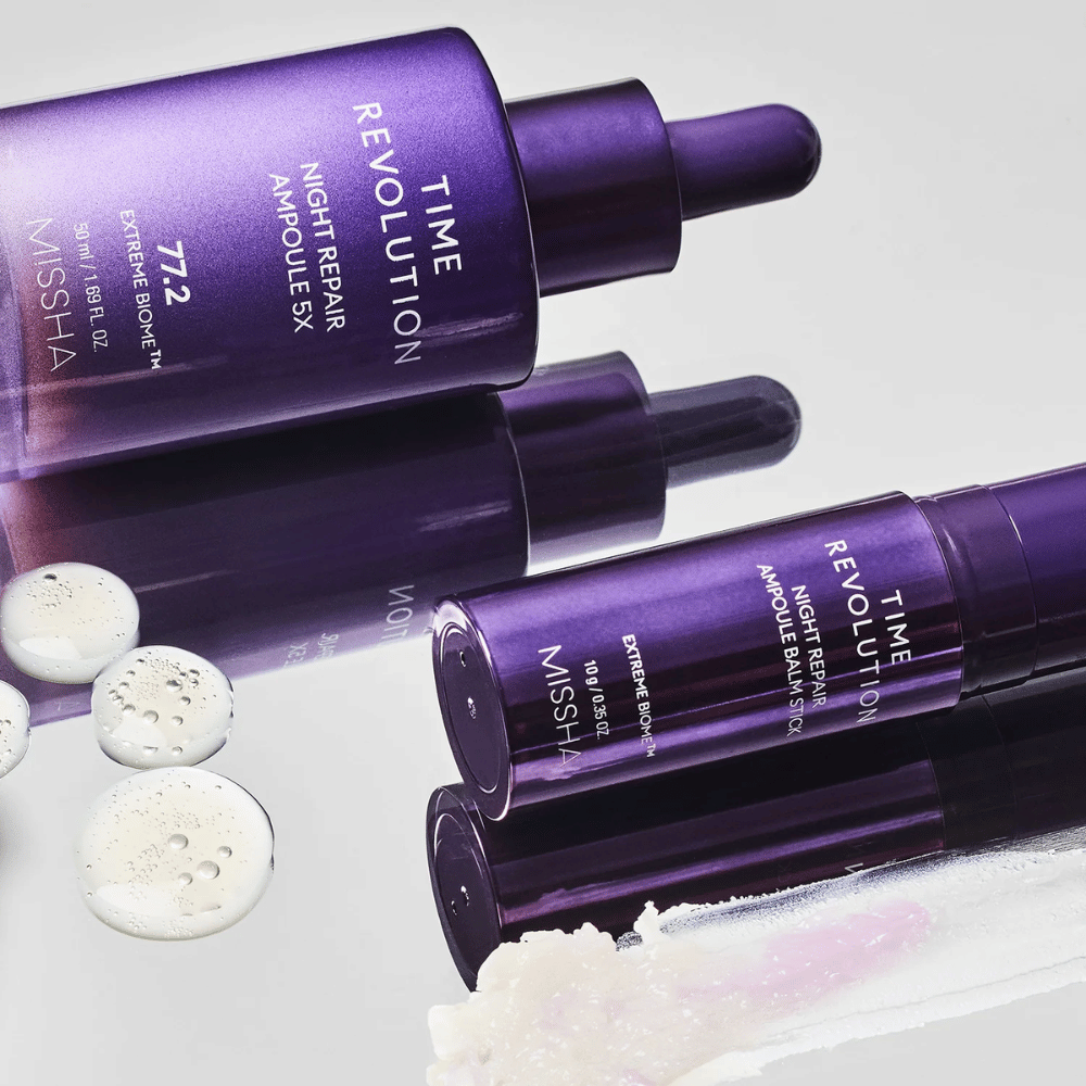 1. MISSHA Time Revolution Night Repair Ampoule 5X 50 ml – ampolla notte con il 77,2 % di Extreme Biome Complex in flacone viola con pipetta