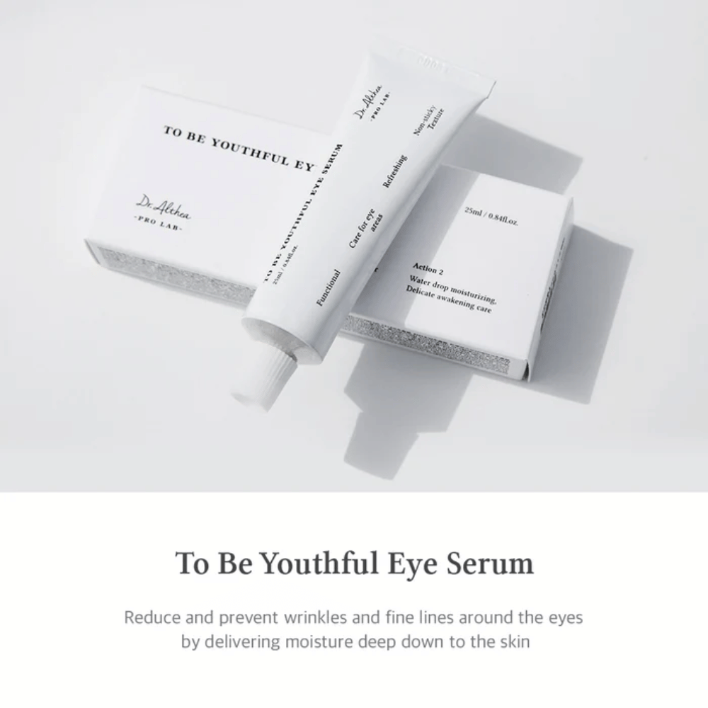Immagine di Dr. Altheas "To Be Youthful Eye Serum" con un tubetto e confezione bianca. Il prodotto è progettato per ridurre e prevenire rughe e linee sottili intorno agli occhi fornendo idratazione in profondità nella pelle. Il testo descrive le caratteristiche e i benefici del prodotto, comprese le proprietà idratanti e rinfrescanti.