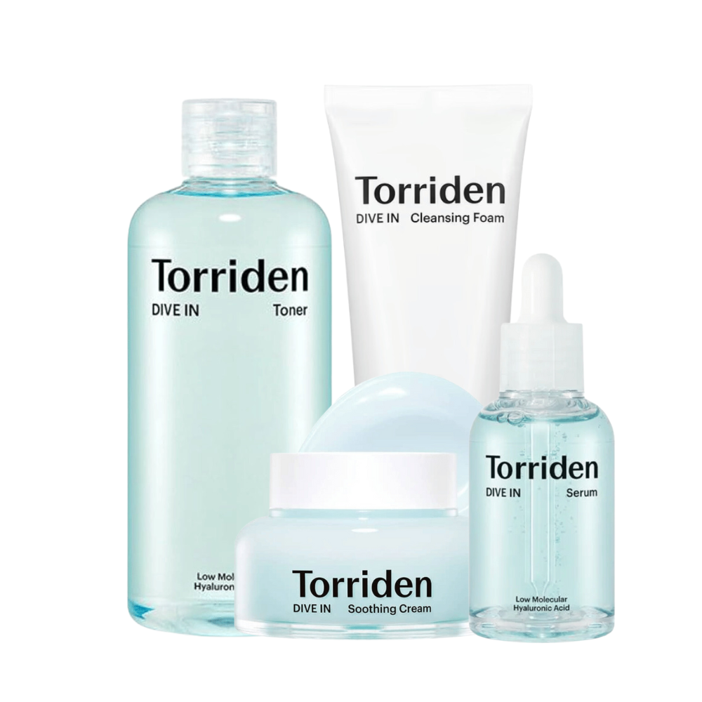 Una collezione di Torriden prodotti di bellezza di colore turchese, inclusi tonico viso, schiuma detergente, crema lenitiva e siero con acido ialuronico.