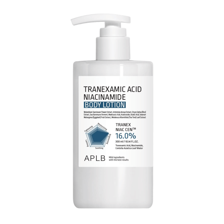 Immagine pulita del prodotto APLB Tranexamic Acid Niacinamide Body Lotion in un flacone minimalista bianco con pompa, con focus sulla cura del corpo idratante e lenitiva per la pelle secca e sensibile.