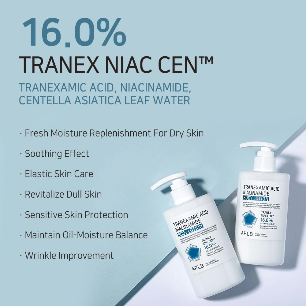 Immagine dei benefici che presenta il complesso 16% Tranex Niac Cen™ del prodotto e le sue proprietà, come idratazione, effetto lenitivo, miglioramento dell’elasticità della pelle, luminosità ed equilibrio tra sebo e idratazione.