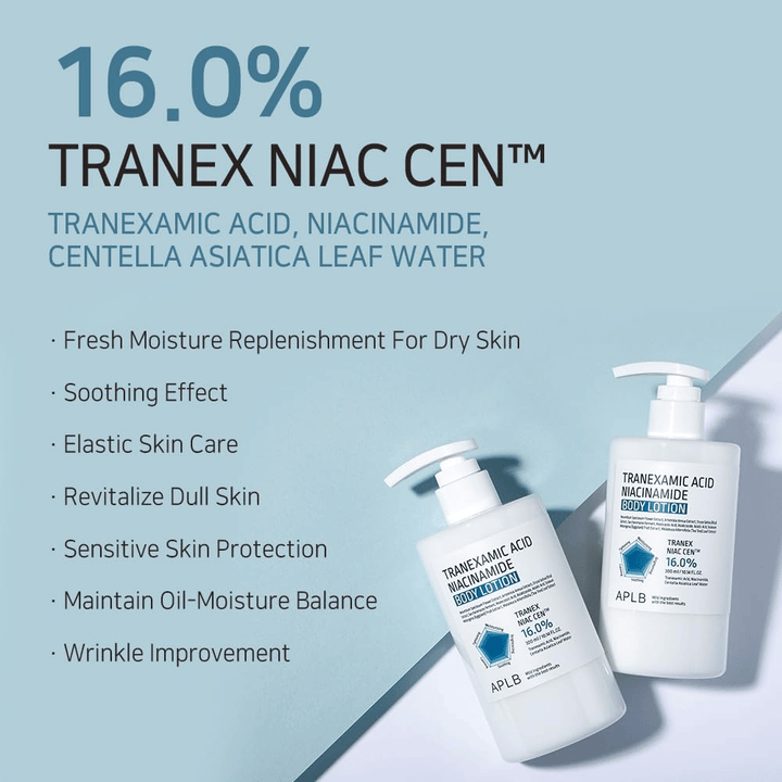 Immagine dei benefici che presenta il complesso 16% Tranex Niac Cen™ del prodotto e le sue proprietà, come idratazione, effetto lenitivo, miglioramento dell’elasticità della pelle, luminosità ed equilibrio tra sebo e idratazione.