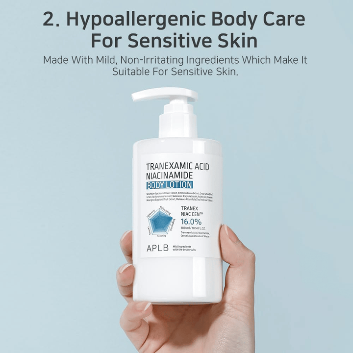 Immagine del prodotto che mostra APLB Tranexamic Acid Niacinamide Body Lotion con focus sulla cura del corpo ipoallergenica per la pelle sensibile. L’immagine enfatizza ingredienti delicati e non aggressivi adatti alla pelle secca e sensibile.