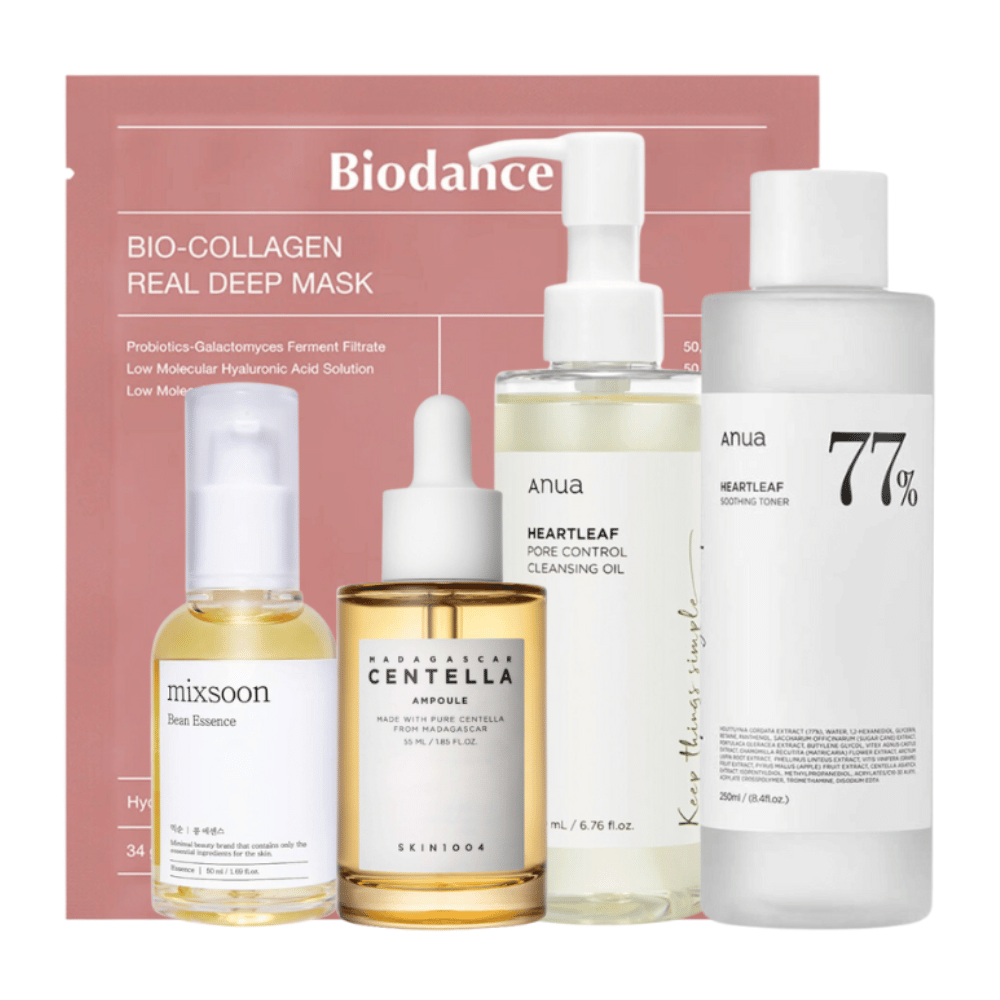 Il set "Trending K-Beauty Must-Haves" contiene Anua Heartleaf Pore Control Cleansing Oil, Heartleaf 77% Soothing Toner, Skin1004 Madagascar Centella Ampoule, e Mixsoon Bean Essence insieme a un Bio-Collagen Real Deep Mask da Biodance. Questi prodotti sono accuratamente selezionati per fornire una pulizia profonda, idratazione intensa ed effetti lenitivi per la pelle, rendendoli prodotti essenziali per una routine di cura della pelle completa.