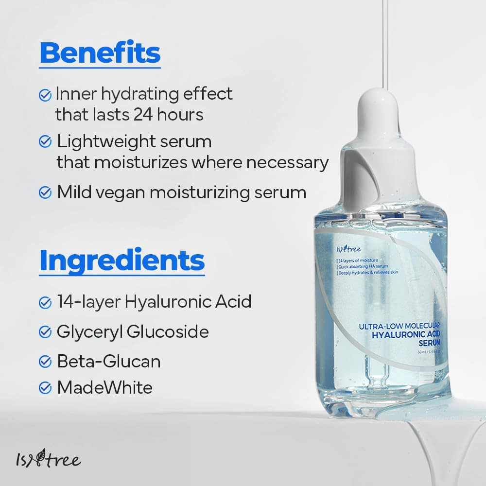 Isntree Ultra-Low Molecular Hyaluronic Acid Serum con formula leggera e vegana che idrata fino a 24 ore ed è adatta per pelle secca, sensibile e carente di umidità.