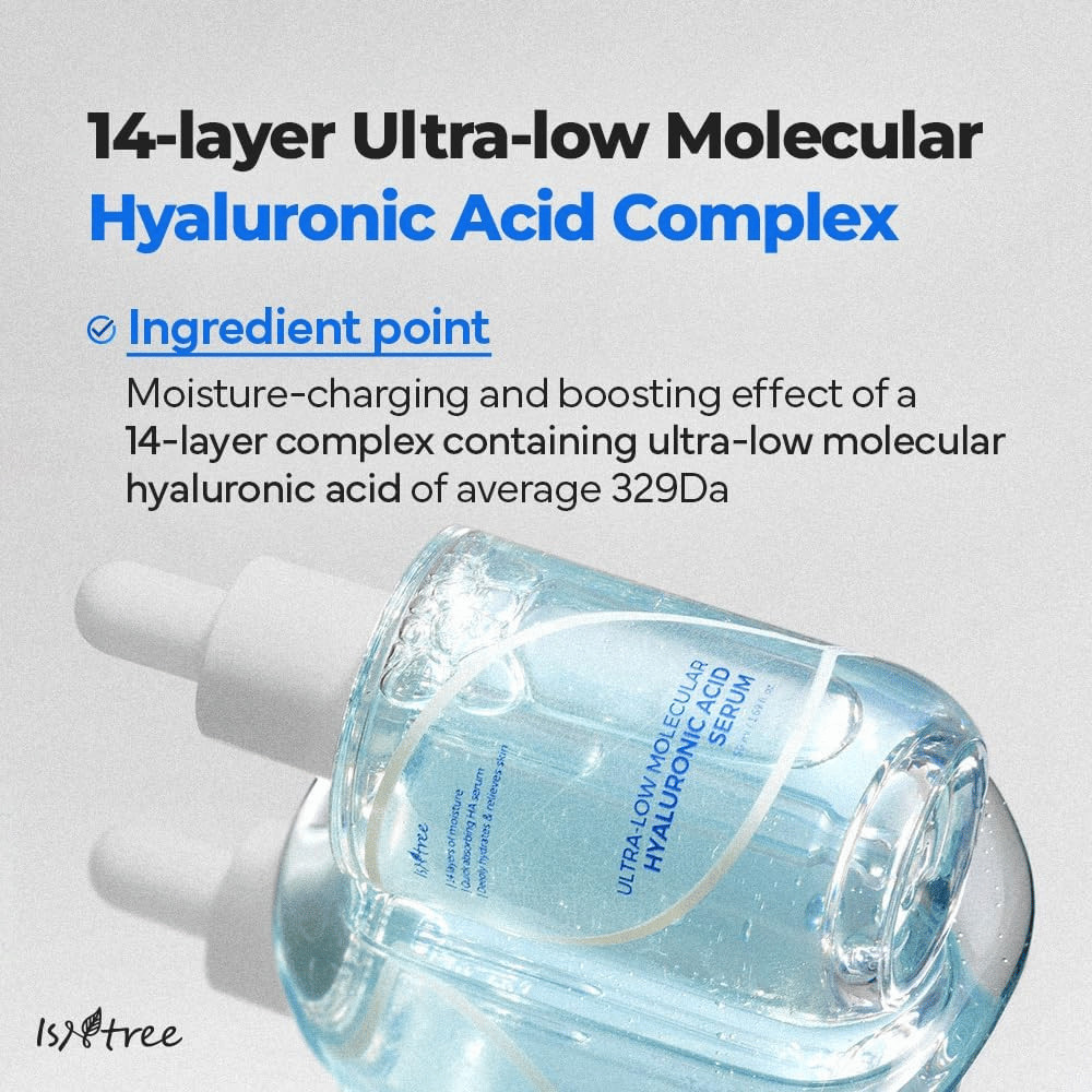 Isntree Ultra-Low Molecular Hyaluronic Acid Serum con acido ialuronico a bassissima molecolare, siero viso che potenzia l'umidità e fornisce un'idratazione intensa in profondità.