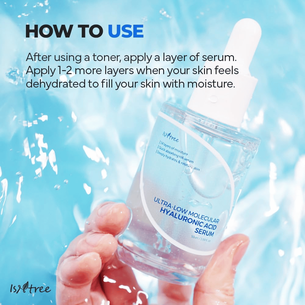 Isntree Ultra-Low Molecular Hyaluronic Acid Serum che si applica dopo tonico viso per un'idratazione intensa, mostrata in mano con schizzi d'acqua, siero leggero per pelle secca e disidratata.