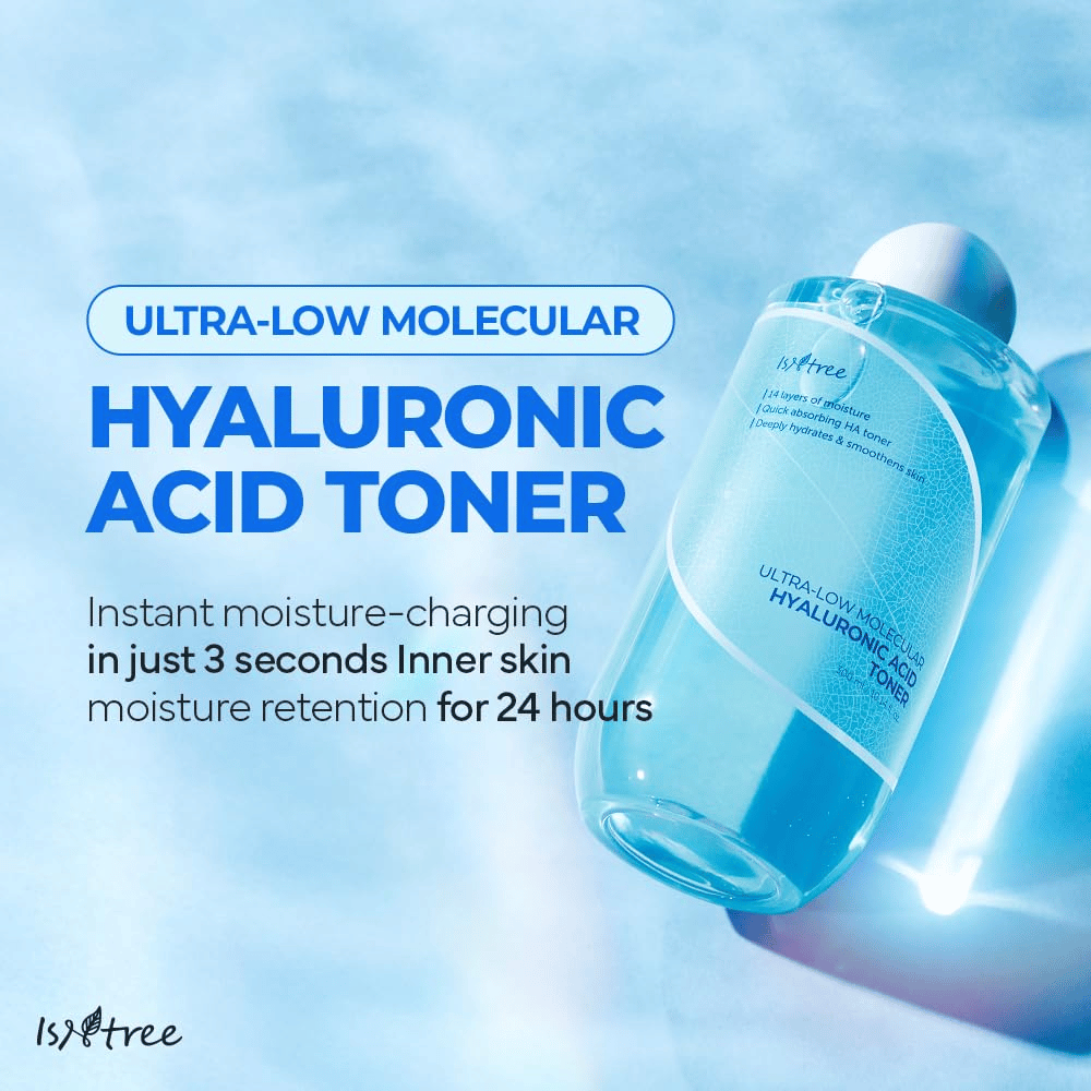 Immagine del prodotto di Isntree Ultra-Low Molecular Hyaluronic Acid Toner con sfondo blu. Il testo evidenzia idratazione rapida in 3 secondi ed effetto di mantenimento dell'umidità per 24 ore. La bottiglia è mostrata in un angolo ingrandito con etichetta chiara.