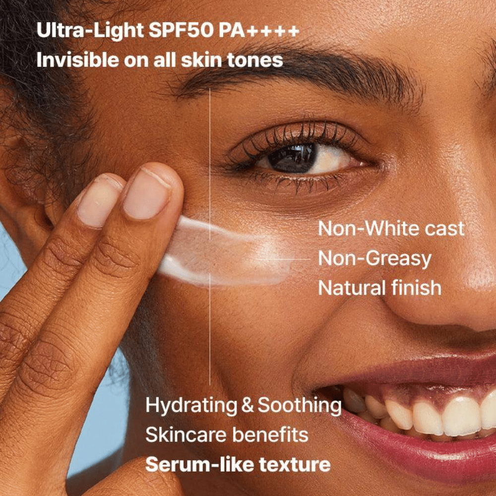 Primo piano di una donna che applica una crema solare trasparente con le dita; il testo mette in evidenza SPF50 PA++++, nessun residuo bianco, finitura naturale e consistenza idratante simile a un siero.