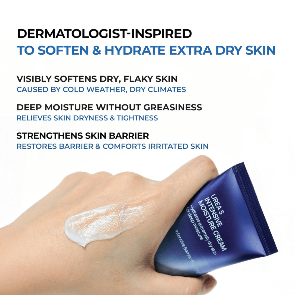 Immagine informativa che evidenzia i principali benefici di Jumiso Urea 5 Intensive Moisture Cream. La crema è descritta come dermatologicamente ispirata per la pelle molto secca e aiuta ad ammorbidire la pelle desquamata, fornire un’idratazione profonda senza risultare grassa e rafforzare la barriera cutanea. Una mano mostra la texture cremosa del prodotto sulla pelle.
