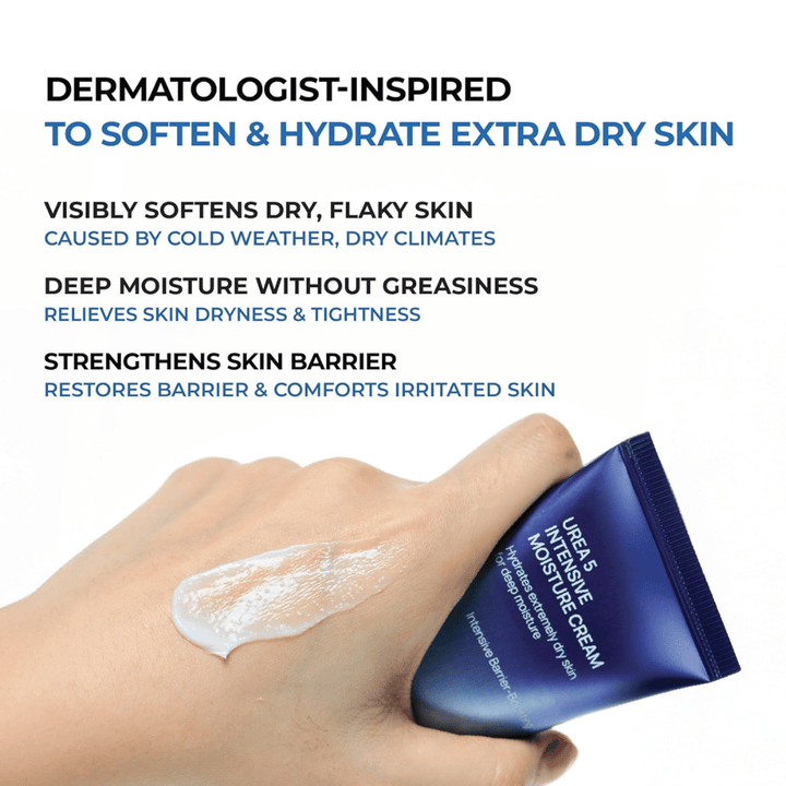 Immagine informativa che evidenzia i principali benefici di Jumiso Urea 5 Intensive Moisture Cream. La crema è descritta come dermatologicamente ispirata per la pelle molto secca e aiuta ad ammorbidire la pelle desquamata, fornire un’idratazione profonda senza risultare grassa e rafforzare la barriera cutanea. Una mano mostra la texture cremosa del prodotto sulla pelle.