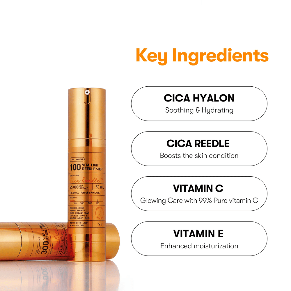 Bottiglia dorata VT Cica Hyalon Vita-Light Reedle Shot 100hL, 50 ml, con pompa, posizionata accanto a una bottiglia sdraiata. A destra sono elencati gli ingredienti chiave: Cica Hyalon, Cica Reedle, Vitamina C e Vitamina E.