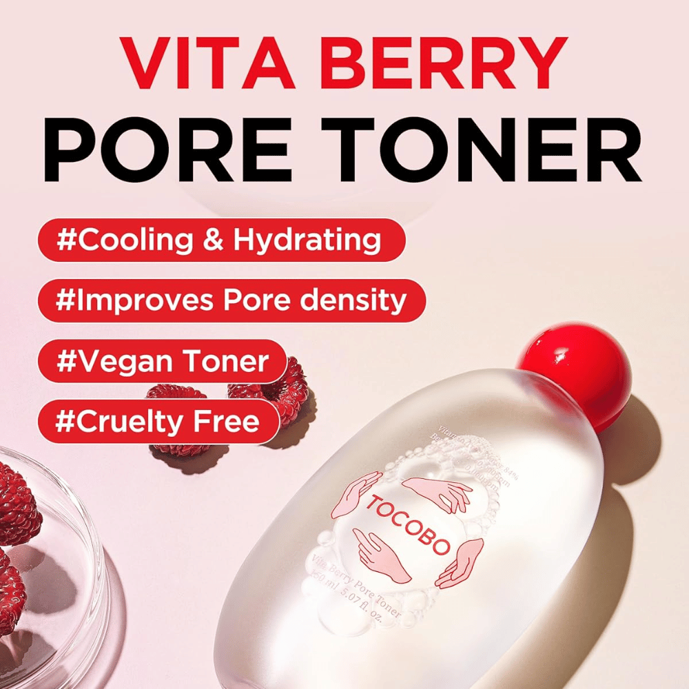 Immagine del prodotto con testo che evidenzia le proprietà del tonico, come idratazione, sensazione rinfrescante, migliore cura dei pori, oltre al fatto che il prodotto è vegano e cruelty-free.