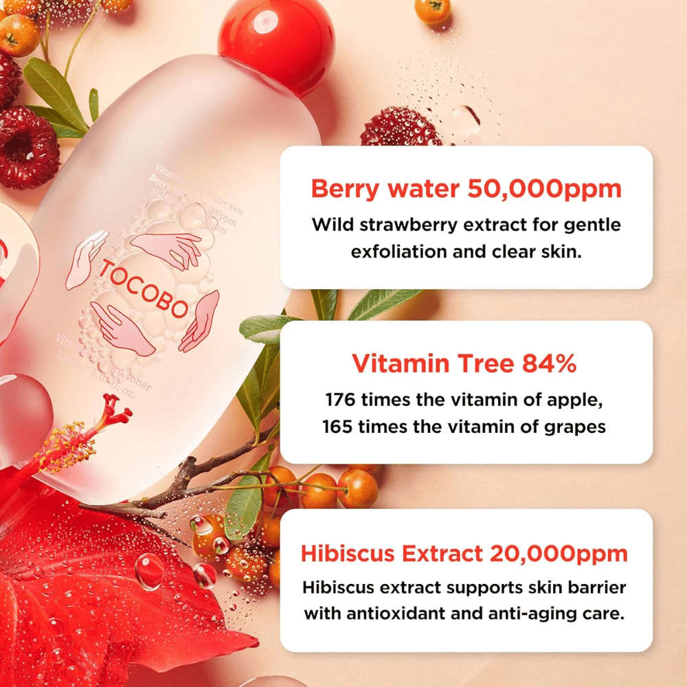 Immagine degli ingredienti che mette in risalto gli ingredienti chiave del tonico, tra cui berry water, vitamin tree ed estratto di ibisco, con focus su esfoliazione, trattamento antiossidante e rafforzamento della barriera cutanea.