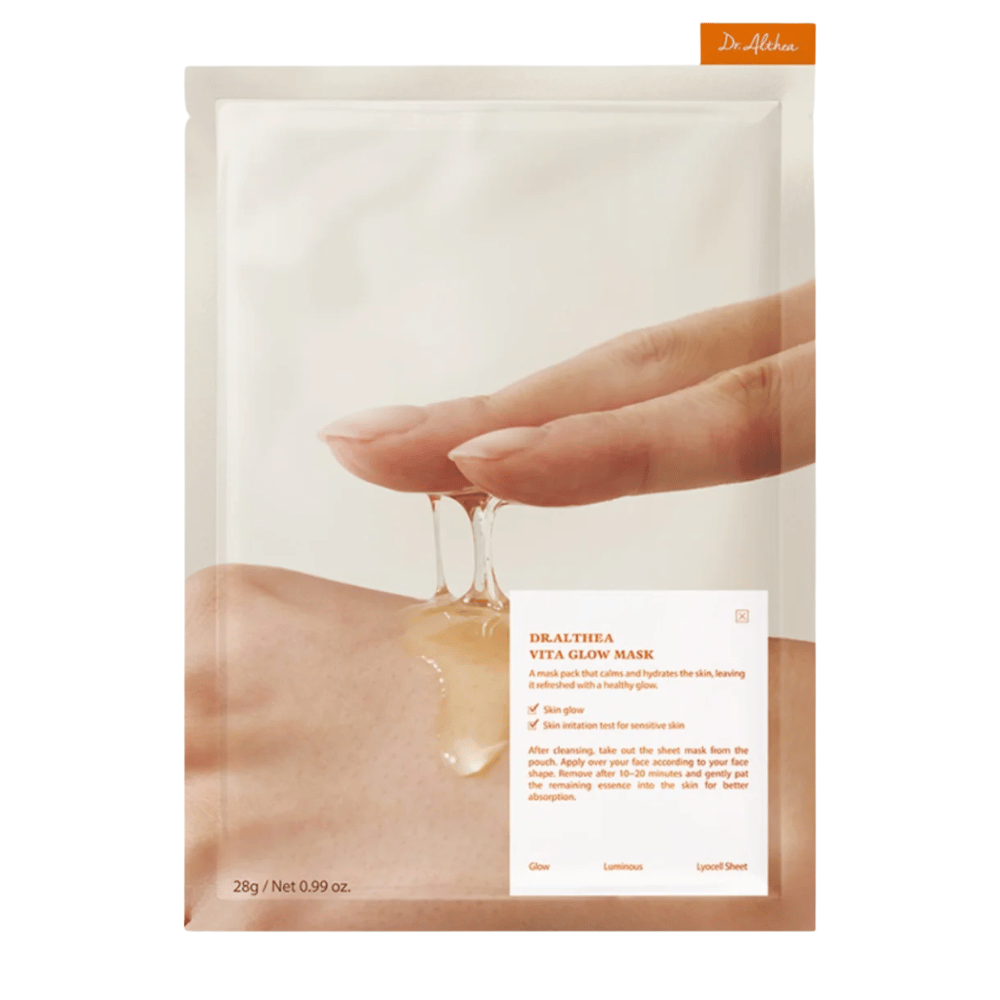 Confezione di Dr. Althea Vita Glow Mask che mostra l'essenza della maschera. Idratante sheet mask per luminosità e tono uniforme della pelle, delicato anche per la pelle sensibile.