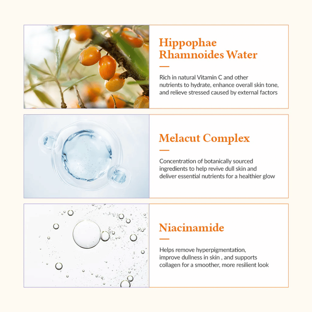 Primo piano degli ingredienti chiave in Dr. Althea Vita Glow Mask: acqua di olivello spinoso, Melacut Complex e niacinamide. Dona luminosità, idrata e uniforma il tono della pelle.