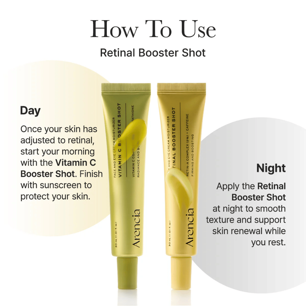 Come usare Arencia Vitamin C Booster Shot – siero alla vitamina C nella routine del mattino e booster di retinolo alla sera per un tono della pelle più uniforme e una migliore luminosità
