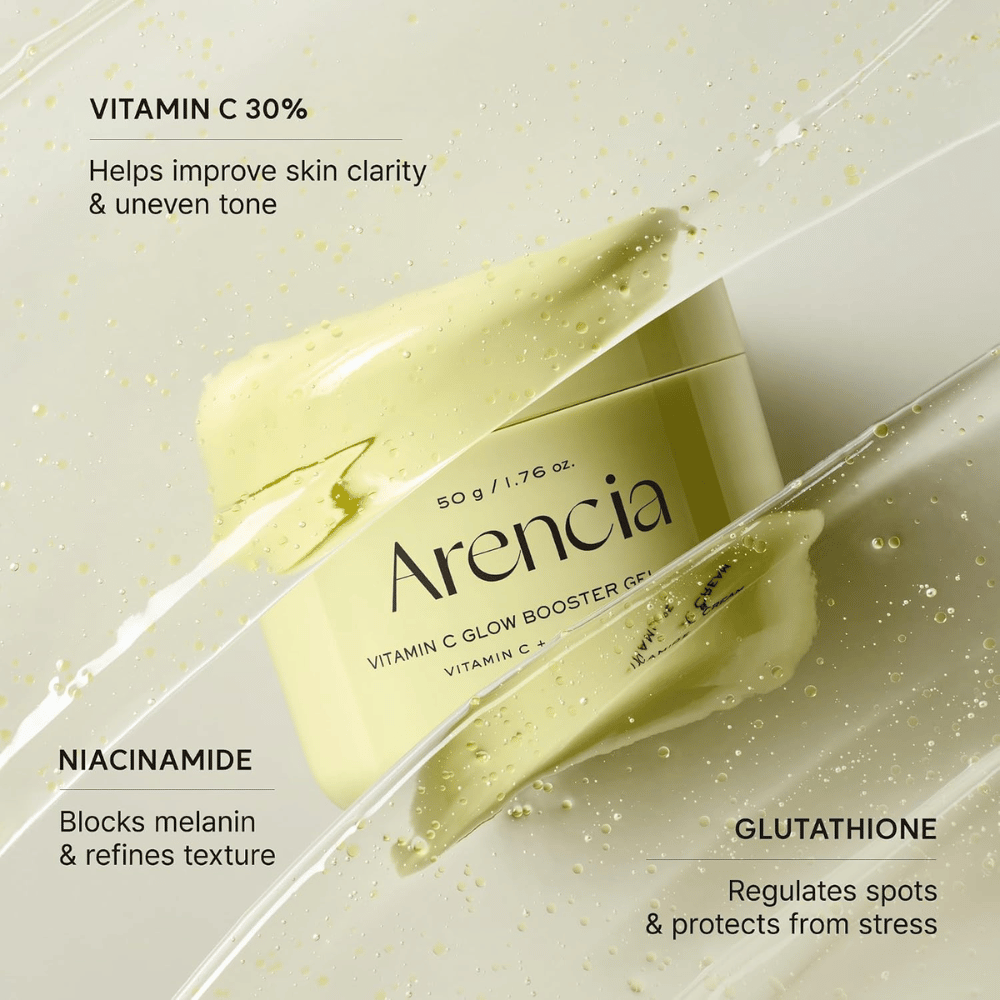 Arencia Vitamin C Glow Booster Gel Cream – con 30% di vitamina C, niacinamide e glutatione per un tono della pelle più uniforme e luminosità