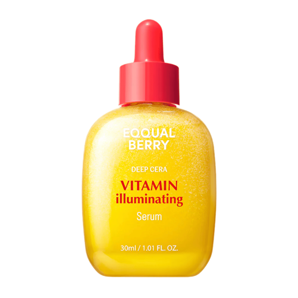 Equal Berry Vitamin Illuminating Serum in una bottiglia gialla scintillante con pipetta rossa. Dona luminosità e nutrimento per una pelle radiosa.