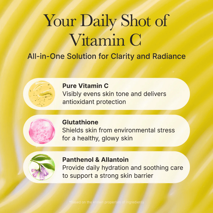 Arencia Vitamin C Booster Shot panoramica degli ingredienti – vitamina C che uniforma il tono della pelle, glutatione con effetto antiossidante e pantenolo e allantoina che idratano e leniscono la pelle